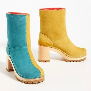 Swedish Hasbeens Yellow and Teal Heeled Boots